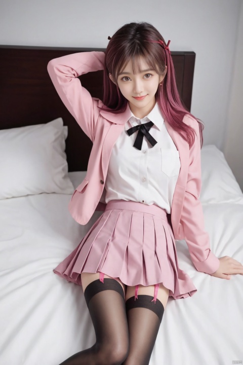  best quality, masterpiece, realistic, ,(Good structure), DSLR Quality,Depth of field,kind smile,looking_at_viewer,Dynamic pose, 
1girl, solo, breasts, looking at viewer, blush, , bangs, skirt, , shirt, hair ornament, thighhighs, long sleeves, ribbon, , , white shirt, pink hair, pleated skirt, lying, food, , shiny, collared shirt, , hand up, miniskirt, on back, , pink eyes, arm up, open jacket, zettai ryouiki, pillow, book, dress shirt, neck ribbon, feet out of frame, bed sheet, on bed, , pink ribbon, brown skirt, shirt tucked in, chips \(food\), potato chips, nanami chiaki,
wangyushan, blackpantyhose