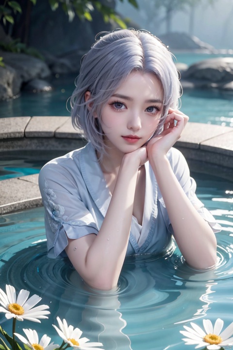  masterpiece,best quality,high quality,(colorful),[Artist onineko],[Artist chen bin],[Artist agwing86],[[Artist wlop]], 1girl, solo, flower, looking at viewer, white hair, blue eyes, white flower, water, closed mouth, partially submerged, short hair, smile, head rest, ripples, hands on own face, daisy, upper body