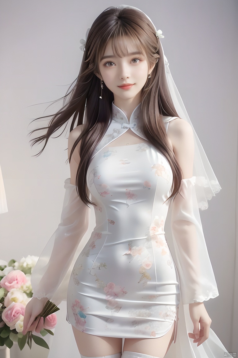  best quality, masterpiece, cowboy_shot,(Good structure), DSLR Quality,Depth of field,kind smile,looking_at_viewer,Dynamic pose, 
, 1girl, luxurious wedding dress, dreamy scene, white background, front viewer, looking at viewer, Flowers, romantic, Bride, Translucent white turban, UHD, 16k, , sparkling dress, , white stockings, , chinese dress,white dress,long hair,
chinese clothes,dress,white dress,floral print,china dress,blue dress,hanfu,long sleeves,print dress, , ,sleeveless dress,widesleeves, weddingdress, ,,kind smile, dililengba