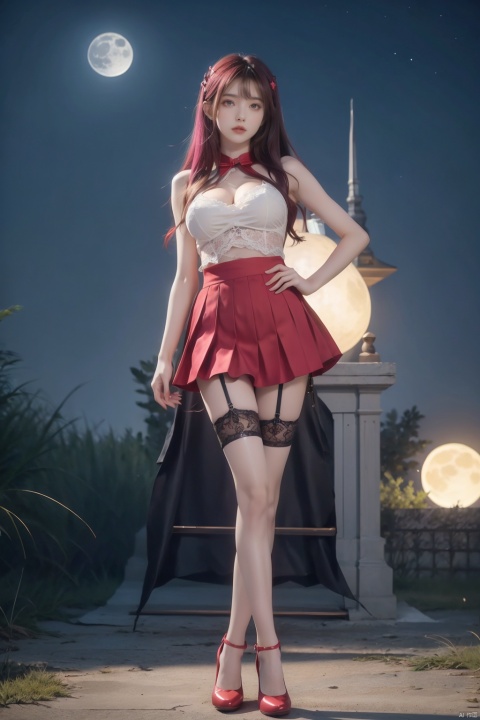 1girl, breasts, castle, full_moon, garter_straps, hand_on_hip, high_heels, lace, lace-trimmed_legwear, lace_trim, long_hair, moon, moonlight, night, night_sky, pink_hair, red_footwear, red_moon, skirt, sky, solo, star_\(sky\), starry_sky, thighhighs