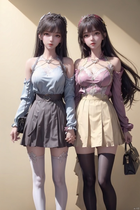  2girls, bag, bangs, black_footwear, black_hair, black_legwear, clothes_writing, full_body, handbag, high-waist_skirt, holding_bag, holding_hands, jacket, long_hair, long_sleeves, looking_at_viewer, multiple_girls, off_shoulder, pleated_skirt, red_lips, shirt, shirt_tucked_in, shoes, shoulder_bag, skirt, standing, thighhighs, white_legwear, yellow_background