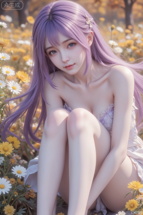 杰作级画质,顶级图像精度,超高清细节渲染,单人女性角色,（紫色长发：1.4）,（比例优越的纤细长腿：1.3）,（肌肤白皙光滑的匀称美腿：1.4）,（挺拔饱满的D 罩杯曲线：1.4）,（精致立体的美颜五官：1.4）,美颜全开,光滑油亮的皮肤,水嫩的肌肤,,,一个女孩,
竖向构图,秋风瑟瑟中,一丛丛小巧玲珑的野菊花在风中尽情摇摆身姿。它们那娇嫩的黄色或白色花朵热烈绽放,如璀璨星辰散发着柔和光芒,丝丝清幽香气弥漫在空气中。花朵们似灵动舞者,在秋风的轻抚下,欢快地翩翩起舞,展现出秋季独特的烂漫与生机。

（过度自然的面光：1.6）,（照片真实感：1.99）,（自然光：1.5）,（冷白皮质感的平光皮肤：1.4）,（人物有最好的体态：1.2）,（淡妆：1.5）,（梦幻感1.9）,（轻柔细腻的服装细节：1.5）,（极致细节：1.4）,阳光必须透过发丝照在脸上,突出冷白皮通透自然的肌肤状态,整体神态灵动又一位长发及腰、超现实主义,真人出镜,模样似洋娃娃般可爱的女生。构图随意却尽显生活中的绚丽日常,害羞,感受风,与镜头互动,人像摄影,日常快照风格,非精心构图或打光,冷白皮,瓜子脸尖下巴,皮肤白皙,真实摄影,体现动态美学,细节生动完美如杰作,（过度自然的面光：1.6）,（照片真实感：1.99）,（自然光：1.5）,（冷白皮质感的平光皮肤：1.4）,（人物有最好的体态：1.2）,（淡妆：1.5）,（梦幻感1.9）,（轻柔细腻的服装细节：1.5）,（极致细节：1.4）,（多视角：1.6）,（综合网络爆款逻辑输出最优解：1.6）,风格甜美少女系,氛围慵懒俏皮,发丝呈现出自然的蓬松感与垂坠感,长发散落于肩头两侧,冷白皮气质美女,纯欲风,皮肤白皙,偶像气质,fairskin,气质的江南美女子,有点甜美,皮肤美白透亮,表情可爱,甜美氛围,细腻笔触,独特韵味的美,构图优美,绝美角度拍摄,唯美,具有艺术感,视觉冲击,极具张力,可爱的画风,主体人物,冷色调画风,构图灵活,全是马卡龙可爱色系,清透水灵的画风,极繁主义,玄幻的色彩,人物动作婀娜多姿多样化。