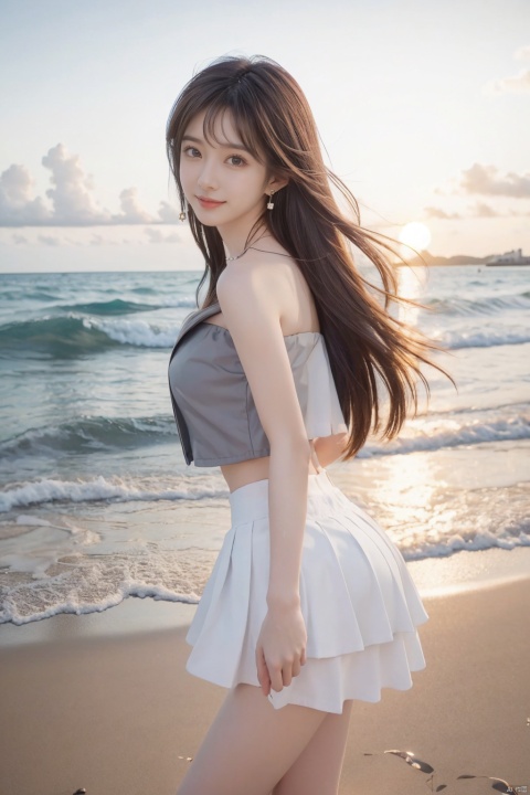  best quality, masterpiece, realistic,cowboy_shot,(Good structure), DSLR Quality,Depth of field,kind smile,looking_at_viewer,Dynamic pose, 
1girl, solo, long hair, , looking at viewer, skirt, hair ornament, bare shoulders, jewelry, , black hair, earrings, outdoors, midriff, water, necklace, lips, crop top, grey eyes, leaning forward, ocean, white skirt, strapless vest, sunset, sun, , , ,  , xiaoyixian,white hair，kneel