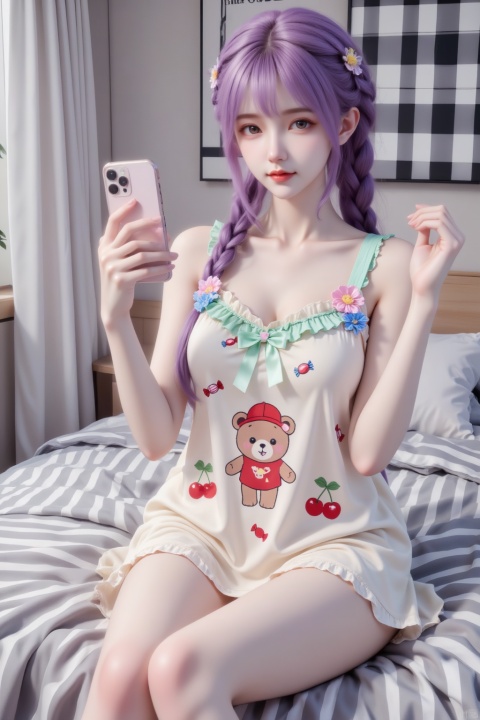 杰作级画质,顶级图像精度,超高清细节渲染,单人女性角色,（紫色长发：1.4）,（比例优越的纤细长腿：1.3）,（肌肤白皙光滑的匀称美腿：1.4）,（挺拔饱满的D 罩杯曲线：1.4）,（精致立体的美颜五官：1.4）,美颜全开,光滑油亮的皮肤,水嫩的肌肤,,,一个女孩,
一位年轻甜美的亚洲少女,紫色长发编成麻花辫,圆脸,皮肤白皙,穿着一件米白色无袖吊带睡裙,裙子上有可爱的卡通小熊图案（穿红色衣服戴红帽子）和红色樱桃/糖果图案,肩带是浅绿色,领口有浅绿色荷叶边,胸前有一个浅绿色丝带蝴蝶结,肩带上点缀着粉色和蓝色的立体小花。她坐在铺着灰白条纹床品的床上,双手举着手机对着镜子自拍,姿态放松自然。背景是温馨的卧室,有白色窗帘和黑白格纹装饰画。明亮柔和的光线,日系软萌风格,甜美少女感,居家自拍,治愈系氛围。
