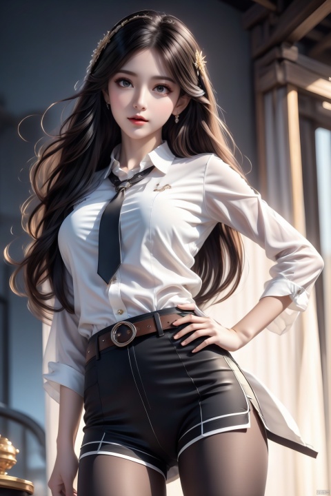  Masterpiece,best quality,official art,
Extremely detailed CG unit 8k wallpaper,realistic,light rays,light particles,
1 girl,solo,skin,pantyhose,play skin,black hair,necktie,
Long hair,pantyhose,standing,day,
(simple background:1.2),
Dynamic pose,looking at viewer,cowboy shot,breaks,hand on hip,belt,lips, ((poakl))