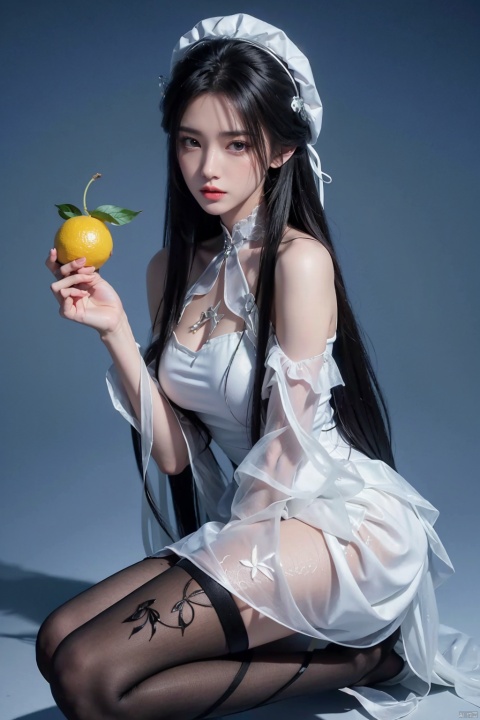  masterpiece,best quality,high quality,(colorful),[Artist miwano rag],[Artist chen bin],[Artist wlop],Artist myush,1girl, solo, food, fruit, dress, long hair, breasts, holding, hat, lemon, looking at viewer, holding food, hair ornament, bare shoulders, grey eyes, pantyhose, parted lips, white dress, medium breasts, water drop, white headwear, holding fruit, hairclip, very long hair, wrist cuffs, lemon slice, ribbon, leaf, white hair, white background, sleeveless dress, hair between eyes, floral print, frills，kneel