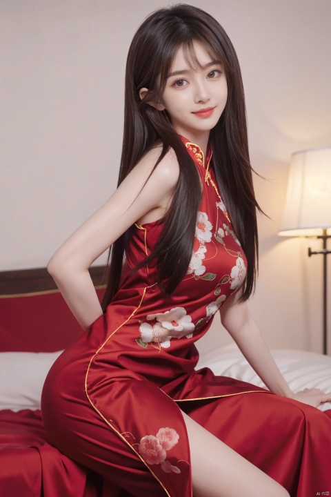  best quality, masterpiece, realistic, ,(Good structure), DSLR Quality,Depth of field,kind smile,looking_at_viewer,Dynamic pose, 
1girl, solo, long hair, 
wangyushan,fengguanxiapei,dress,chinese clothes,red dress,traditional clothes