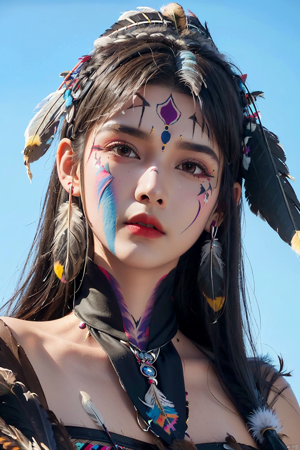  1girl, tifa,(best quality:1.4), (masterpiece:1.4), (Indian Maiden of Transcendent Beauty:1.7), adorned with an (eagle feather headdress:1.5), shell jewelry, and (distinctive facial paint:1.6), against the backdrop of the sweeping prairieland under a twilight sky. This would be a medium-close-up shot in the style of George Catlin.
