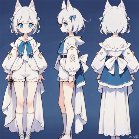  ((ultra-detailed)),beautiful eyes, Anime style,pretty face, pretty eyes, High resolution,three vision, the front vision,the side vision, the back vision,full body,a girl,White fox ears,White short hair,archer,blue eyes,Shorts,holding_bow_(weapon)