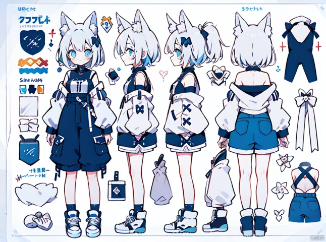 ((ultra-detailed)), beautiful eyes, Anime style, pretty face, pretty eyes, High resolution, three vision, the front vision, the side vision, the back vision, full body, 1 girl, White fox ears, White short hair, archer, blue eyes, Shorts, holding_bow_(weapon), HTTP, multiple_views
