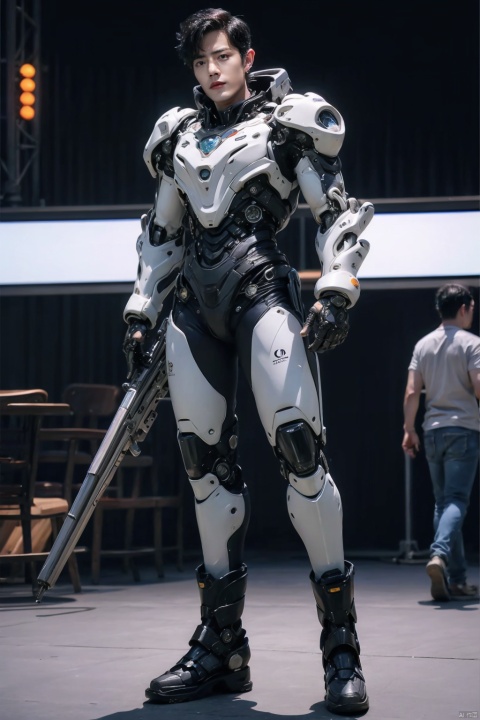 full body,fCyberpunk, short hair thirty-seven points, tight Mecha, male focus, a boy, looking at the audience, holding, city, holding weapons, outdoor, science fiction, pants, jewelry, single focus, watch, short hair, watch, blue eyes, a boy, standing, neon, looks likeGongJun,肖战