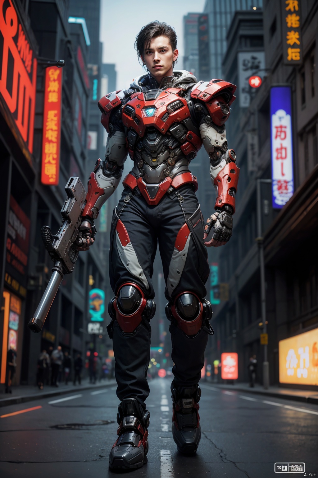  full body,fCyberpunk, short hair thirty-seven points, tight Mecha, male focus, a boy, looking at the audience, holding, city, holding weapons, outdoor, science fiction, pants, jewelry, single focus, watch, short hair, watch, blue eyes, a boy, standing, neon, looks like Gong Jun