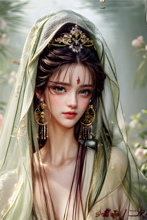  (Best Quality, Masterpiece: 1.5), Realistic, Ultra High Resolution, Intricate Details, Real Photos, Photos, Real People, Very Detailed,
1 girl, solo, exotic beauty, purple hair, green eyes, veil, golden hair accessory, veil, fine ornate jewelry, yellow headband, upper body, fine ornate earrings, facial markings, traditional media, crescent moon, (( Background flowers)), jewelry