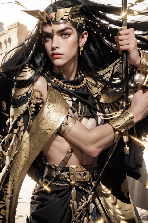 (1 boy), (Egyptian makeup: 1.2), side view, serious, (golden eyes: 1.2), Egyptian, alone, long black hair, (Egyptian crown: 1.2), (Egyptian dress: 1.2), hands Holding a spear, jewelry, weapon, belt, sword, cloak, armor, spear, battlefield, dust, natural light, (Best Quality, Masterpiece: 1.5), Realistic, Super High Resolution, Intricate Details, Real Photo, Photo , real people, extremely delicate,