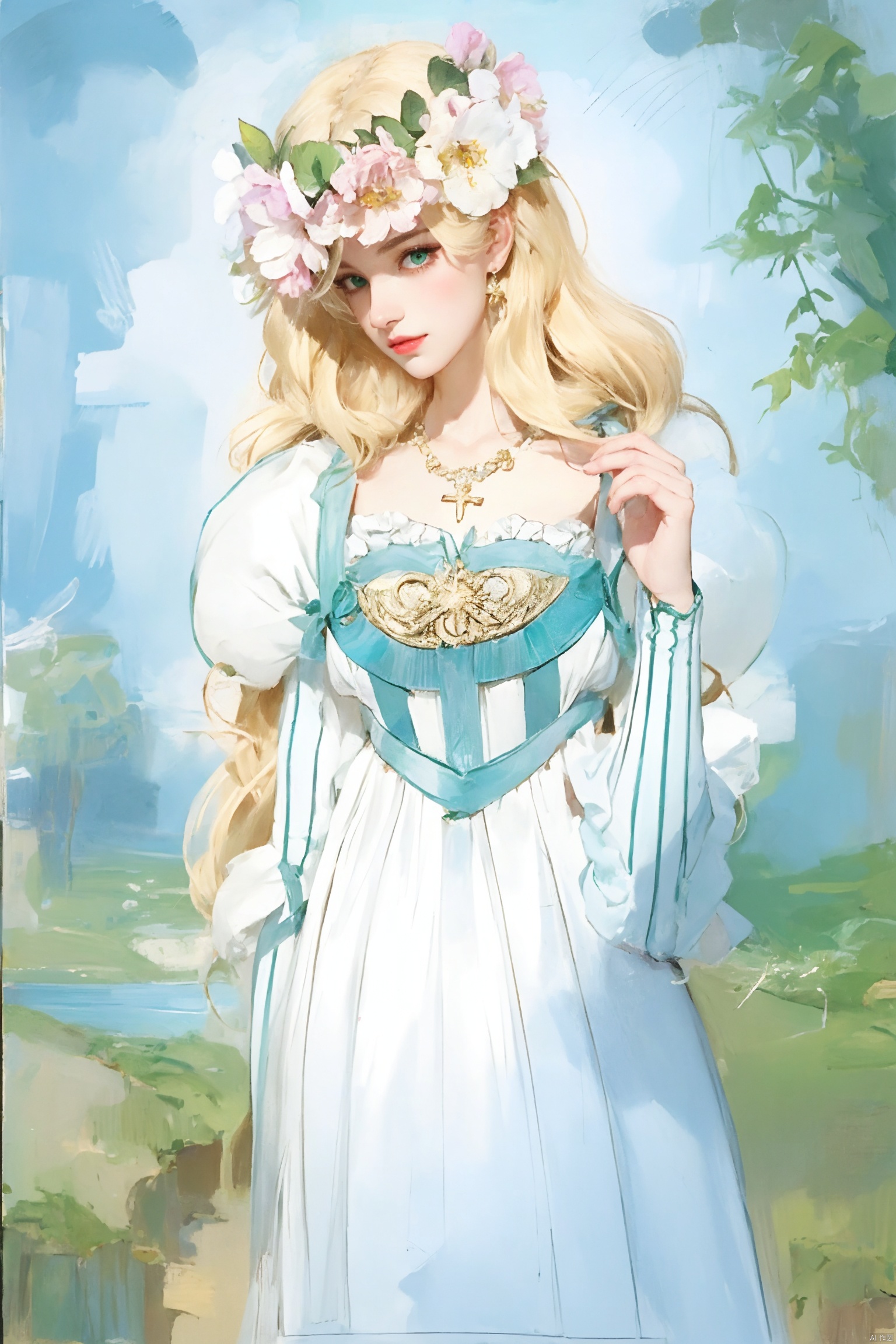 1girl, solo, long hair, looking at viewer, blonde hair, long sleeves, dress, jewelry, green eyes, flower, earrings, puffy sleeves, hair flower, necklace, white dress, cross, plant, head wreath