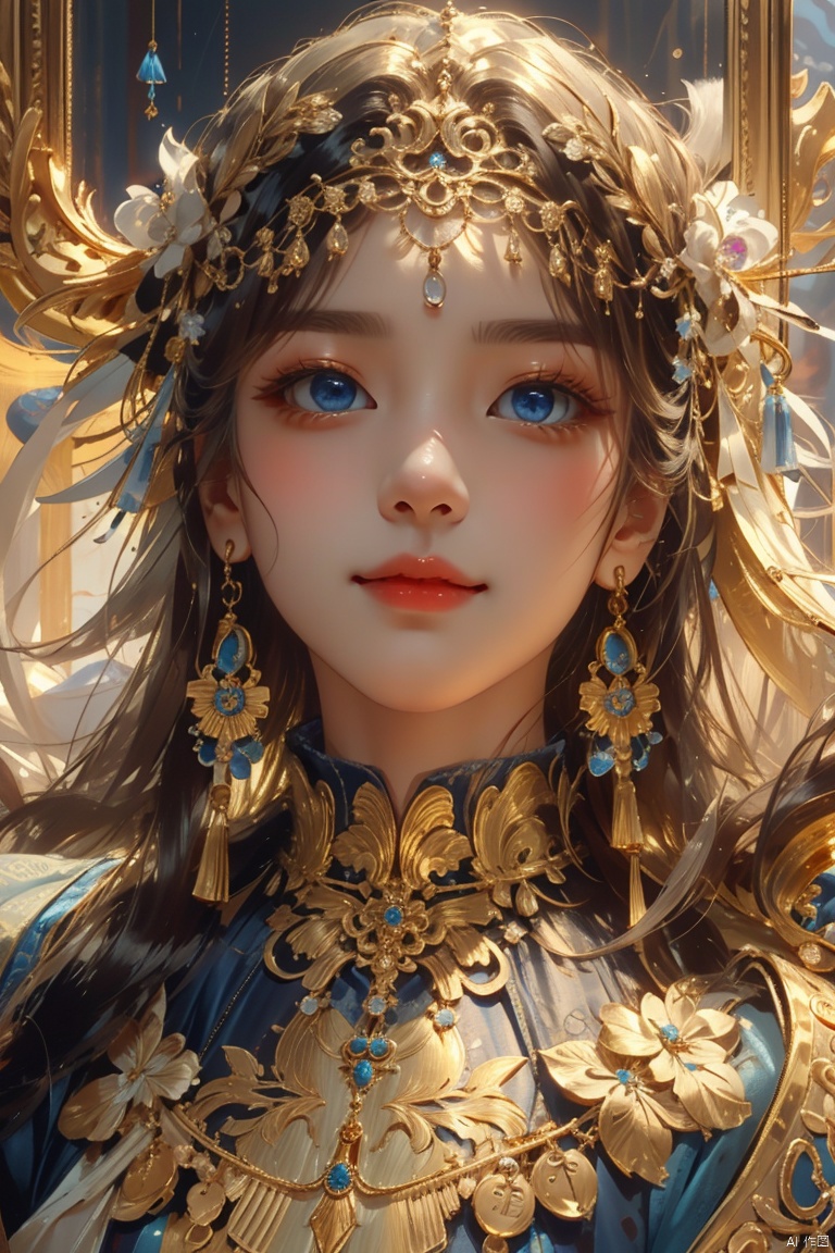 1girl, solo, long hair, smile, blue eyes, blonde hair, jewelry, closed mouth, earrings, hand up, lips, looking to the side, eyelashes, makeup, looking away, portrait, gold, (\shen ming shao nv\), BY MOONCRYPTOWOW, (\yan yu\)