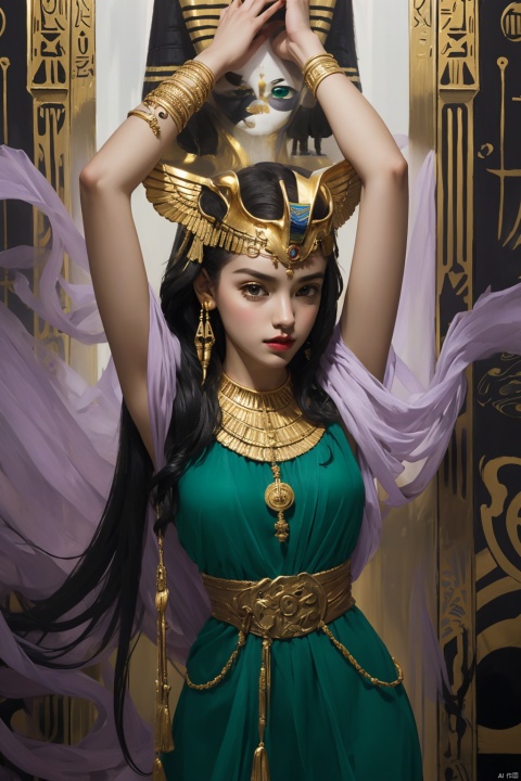 1 woman wearing an Egyptian cobra crown, (golden eyes: 1.2), (golden eyeshadow: 1.2), (green eyeliner Eye of Horus: 1.5), (long black hair: 1.2) (black skin: 1.2), looking up Head, 4/3 side view, (not looking at the audience: 1.5), humid air, smoke, foggy weather, (purple silk Egyptian-style dress: 1.2), covered with sheer gauze, 2 arms Stretching towards the sky, praying, (gold cobra decoration around body: 1.2), expression divine, (sphinx sculpture: 1.2), close-up, Nikon, Ultra HD, Textured Skin, Best Quality, Retina, Super Detail, High Level , masterpiece, accuracy, high detail, 8k, anatomically correct, high quality, award winning,