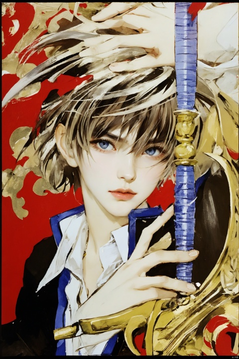 solo, looking at viewer, bangs, blue eyes, brown hair, shirt, 1boy, holding, hair between eyes, white shirt, upper body, weapon, male focus, parted lips, collared shirt, sword, cape, holding weapon, traditional media, holding sword