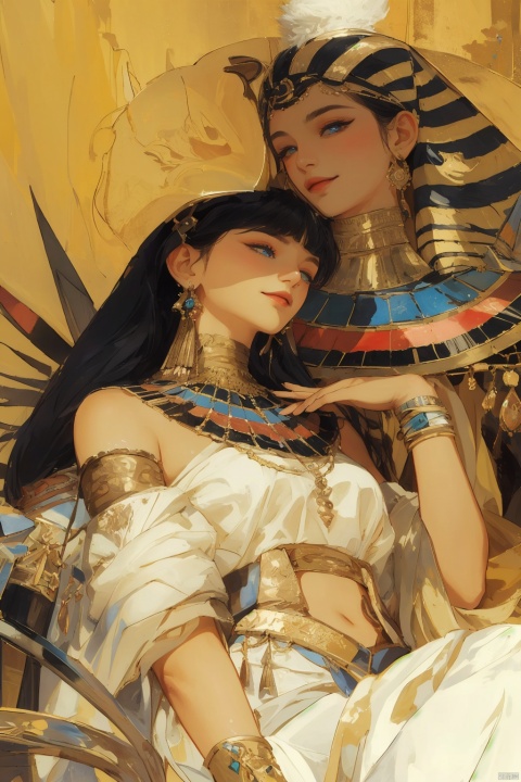 (best quality, masterpiece:1.5),reality,ultra-high resolution,complex details,real photos,photos,real people,extremely delicate,jewelry,earrings,egyptian,long hair,egyptian clothes,black hair,dark skin,gold,1boy,sitting,bracelet,1girl,navel,dark-skinned female,bangs,blunt bangs,looking armlet at another,makeup,blue eyes,closed mouth,bare shoulders,eyeshadow,half-closed eyes,parted lips,midriff,breasts,eyelashes,2girls,smile,eye of horus,multiple girls,fingernails,