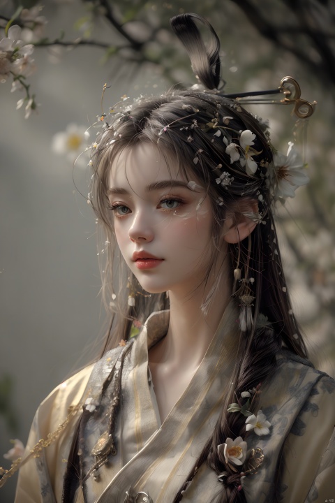  (Best Quality, Masterpiece: 1.5), Realistic, Ultra High Resolution, Intricate Details, Real Photos, Photos, Real People, Very Detailed,
1 Girl, Solo, Exotic Beauty, Silver Hair, Green Eyes,, Golden Hair Accessory, Yellow Ribbon, Fine Ornate Jewelry, Yellow Hairband, Upper Body, Fine Ornate Earrings, Fine Ornate Necklace, Bun, Golden Bracelet, Black double bun, facial markings, traditional media, crescent moon, hair ring, ((background flowers))