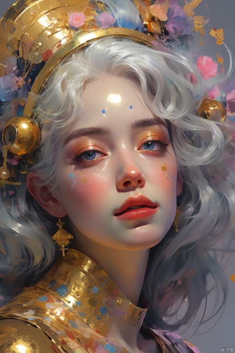 James Jane and Tim Walker-style rainbow makeup, One hand covers the eyes, leaving tears in the eyes. beautiful golden shiny makeup, pink lips, golden earrings, surreal oil paintings, full-face portraits on a gray background, psychedelic realist-style rainbow color scheme, colorful fantasy illustrations, highly detailed face and white hair.