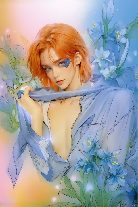 (Best Quality, Masterpiece: 1.5), Realistic, Ultra High Resolution, Intricate Details, Real Photos, Photos, Real People, Very Detailed,
1 boy, solo, looking at audience, short hair, red hair, blue eyes, shirt, long sleeves, flowers, red hair, open shirt, tie, orange hair, open shirt, undressing, gradient, jzns, BY MOONCRYPTOWOW