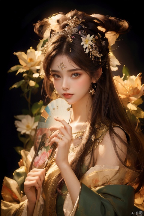  (Best Quality, Masterpiece: 1.5), Realistic, Ultra High Resolution, Intricate Details, Real Photos, Photos, Real People, Very Detailed,
1 girl, solo,（Holding a fan：1.5）, exotic beauty, purple hair, green eyes, holding hand fan, double bun, fine ornate jewelry, Chinese clothes, yellow headband, upper body, fine ornate earrings, facial markings, traditional media , crescent moon, ((background flowers)), jewelry, ((poakl)), (\yan yu\)