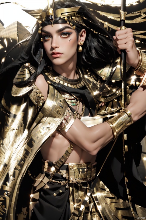 (1 boy), (Egyptian makeup: 1.5), side view, serious, (golden eyes: 1.2), Egyptian, alone, long black hair, (Egyptian crown: 1.5), (Egyptian dress: 1.5), hands holding spear, (jewelry), weapon, belt, sword, (cloak), armor, spear, battlefield, dust, natural light,
(Best Quality, Masterpiece: 1.5), Realistic, Ultra High Resolution, Intricate Details, Real Photos, Photos, Real People, Extremely Detailed,