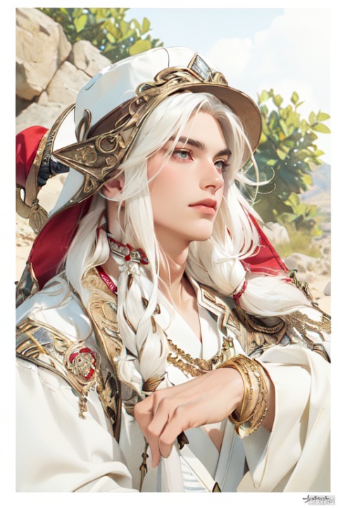(1 male),(tan eyes:1.5),(long white hair:1.5),(handsome:1.5),(angular:1.5),(oblique view),(cold),(Arabic makeup:1.2),white robe,(diamond whip in hand:1.5),(hat:1.5),gold bracelet,hand,outdoors,war,desert background,upper_body,(Best quality, masterpiece:1.5),realistic,ultra-high resolution,complex details,real photos,photos,real people,extremely delicate,