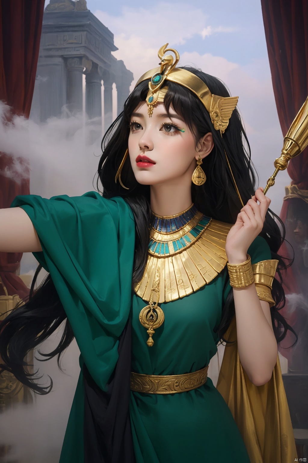 1 woman wearing an Egyptian cobra crown, (golden eyes: 1.2), (golden eyeshadow: 1.2), (green eyeliner Eye of Horus: 1.5), (long black hair: 1.2) (black skin: 1.2), looking up Head, 4/3 side view, (not looking at the audience: 1.5), humid air, smoke, foggy weather, (purple silk Egyptian-style dress: 1.2), covered with sheer gauze, 2 arms Stretching towards the sky, praying, (gold cobra decoration around body: 1.2), expression divine, (sphinx sculpture: 1.2), close-up, Nikon, Ultra HD, Textured Skin, Best Quality, Retina, Super Detail, High Level , masterpiece, accuracy, high detail, 8k, anatomically correct, high quality, award winning,