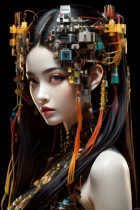 Best quality, masterpiece, photorealistic, 32K uhd, official Art,
1girl, dofas,cyberpunk, makeup,android,black background, 