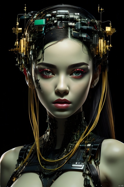 Best quality, masterpiece, photorealistic, 32K uhd, official Art,
1girl, dofas,cyberpunk, makeup,android,black background, Green skin:1.3