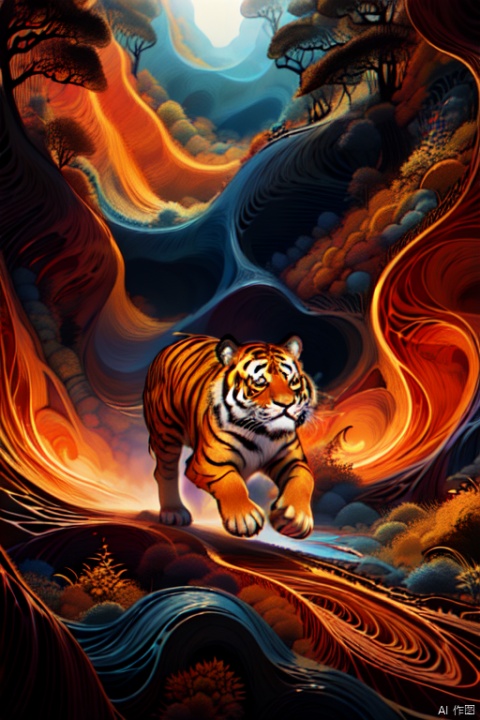 Best quality, masterpiece, official art,
dofas, no humans, abstract image,a divine beast tiger, running in the jungle,in the style of hyper detailed illustrations, nature inspired compositions, dark gold and red, Chinapunk,