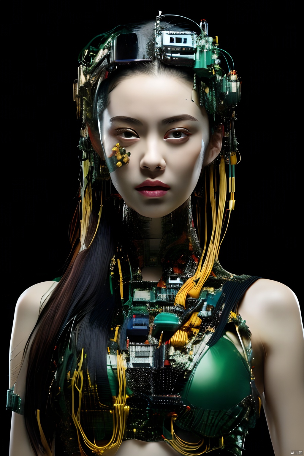 Best quality, masterpiece, photorealistic, 32K uhd, official Art,
1girl, dofas,cyberpunk, makeup,android,black background, Green skin:1.3, takei film