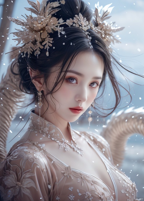  ((best quality)), ((masterpiece)), ((ultra-detailed)), extremely detailed CG, (illustration), ((detailed light)), (an extremely delicate and beautiful), a girl, solo, ((upper body,)), ((cute face)), expressionless, (beautiful detailed eyes), full breasts, (medium breasts:1.2), blue dragon eyes, (Vertical pupil:1.2), white hair, shiny hair, colored inner hair, [Armor_dress], blue_hair ornament, ice adorns hair,depth of field, [ice crystal], (snowflake), dofas