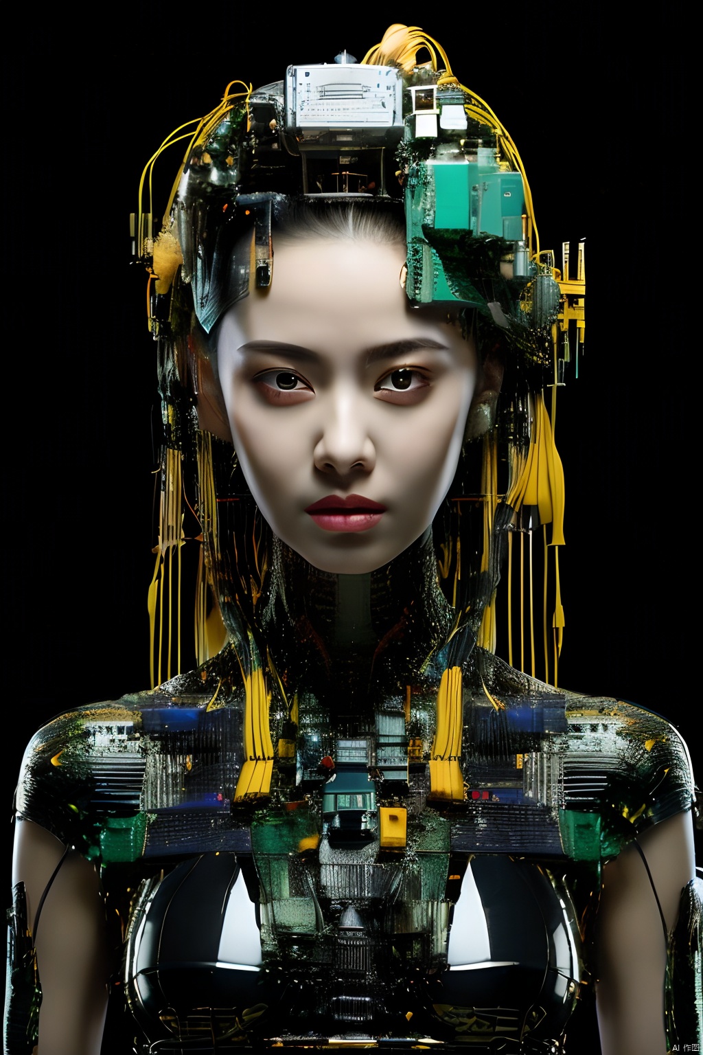 Best quality, masterpiece, photorealistic, 32K uhd, official Art,
1girl, dofas,cyberpunk, makeup,android,black background, Green skin:1.3, takei film