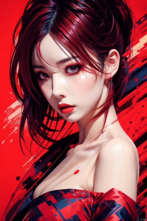 Best quality, masterpiece, photorealistic, 32K uhd, official Art,
1girl, dofas, solo, upper body,red background, 