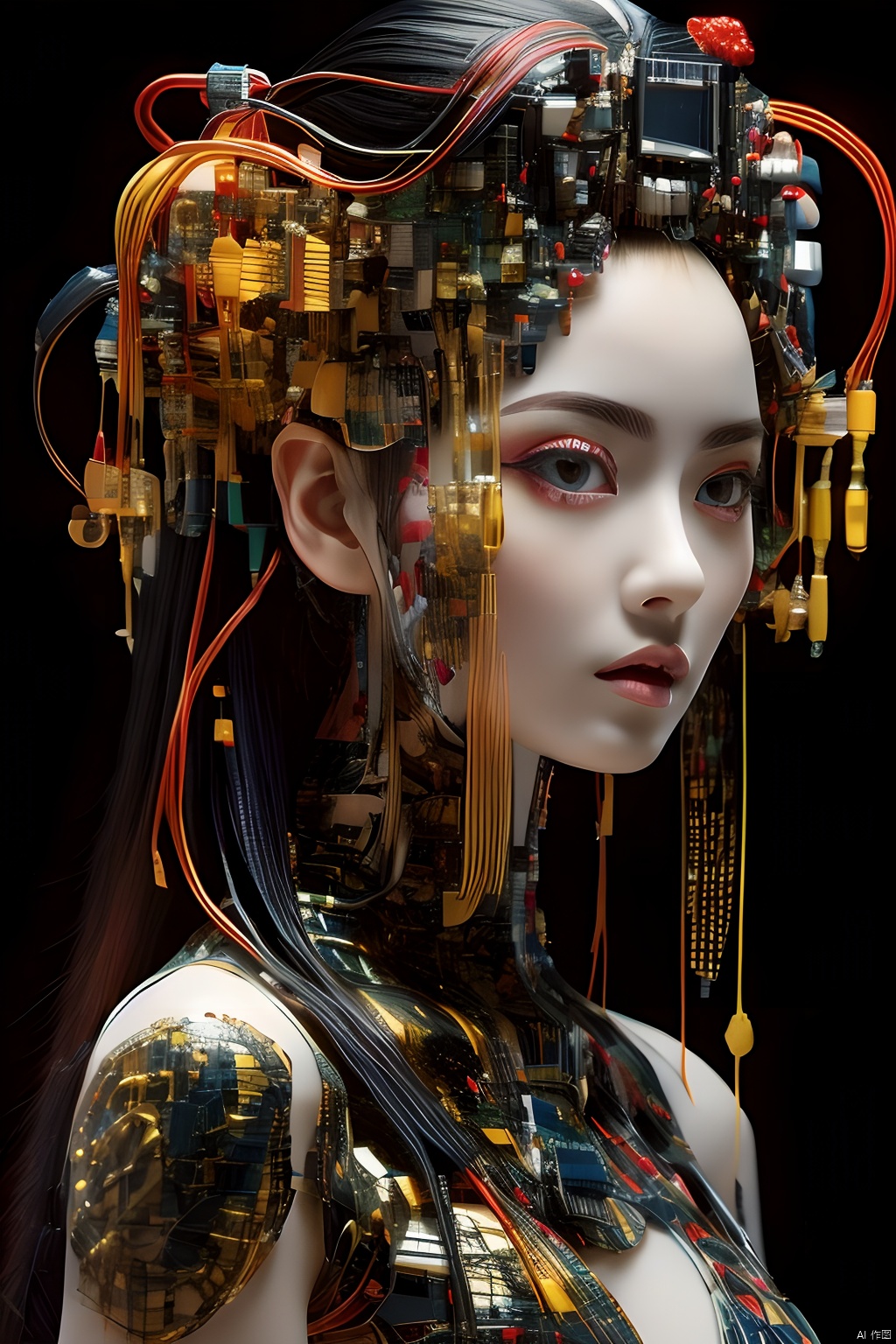 Best quality, masterpiece, photorealistic, 32K uhd, official Art,
1girl, dofas,cyberpunk, makeup,android,black background, 
