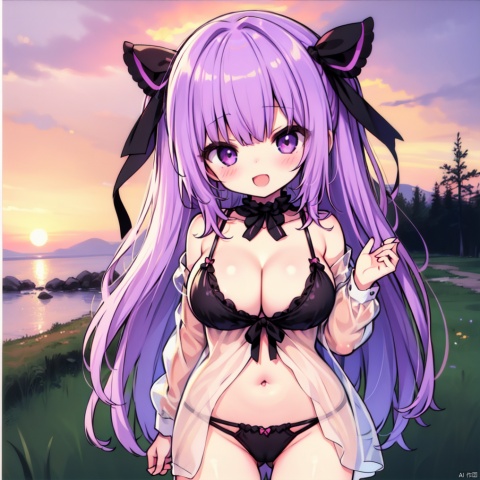  masterpiece,high quality,1girl,chibi,girlish,shojo anime style,((big breasts)),((cleavage)),calm,purple side-tie_bikini,cowboy_shot,((Thongs)), loli,dynamic color hair,cameltoe,;d,blush,Shyness,see-through,,looking_at_viewer