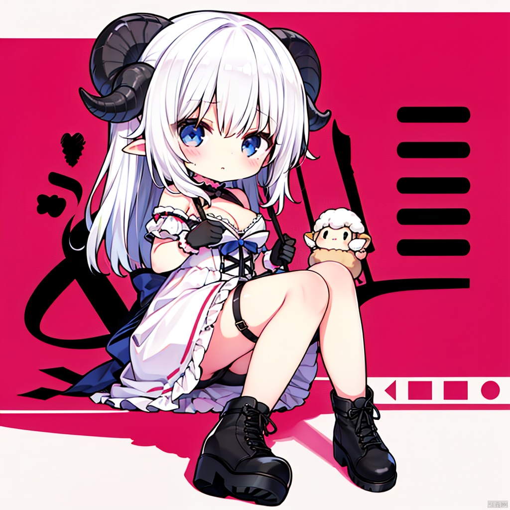  1girl, artist_name, blue_eyes, boots, cross-laced_footwear, gloves, lace-up_boots, new_year, sheep_horns, white_footwear, white_gloves, white_hair, ,loli,big breasts,cleavage, , chibi