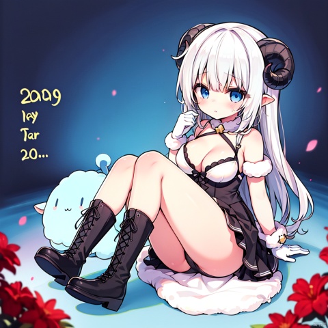  1girl, artist_name, blue_eyes, boots, cross-laced_footwear, gloves, lace-up_boots, new_year, sheep_horns, white_footwear, white_gloves, white_hair, ,loli,big breasts,cleavage, thongs