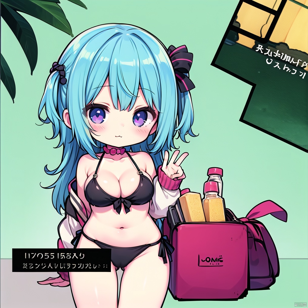 masterpiece,high quality,1girl,chibi,girlish,shojo anime style,((big breasts)),((cleavage)),calm,side-tie_bikini,cowboy_shot,((Thongs)), loli,dynamic color hair,cameltoe,:3