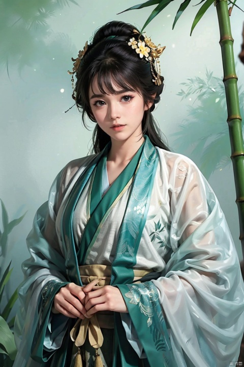 1girls, black hanfu, black bodysuit, black armor, long hair, blue eyes, bangs, long legs, looking at viewer ,hero's armour, solo focus, curvy women, sparkling eyes, (Detailed eyes:1.2), Oily skin, bamboo shadows, Dramatic Shadows. (Chinese painting illustration) , green tones, warm yellow sunlight, high contrast,Ink scattering_Chinese style
