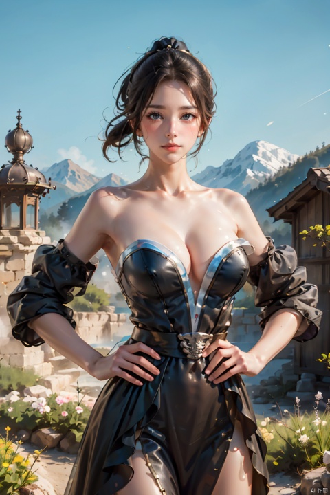  SGZ2, 1girl, solo focus, solo, sexy shirt, black
 dress, bare shoulder, hands on hips, looking at viewer, big breast, long hair, ponytails, Mountain background,