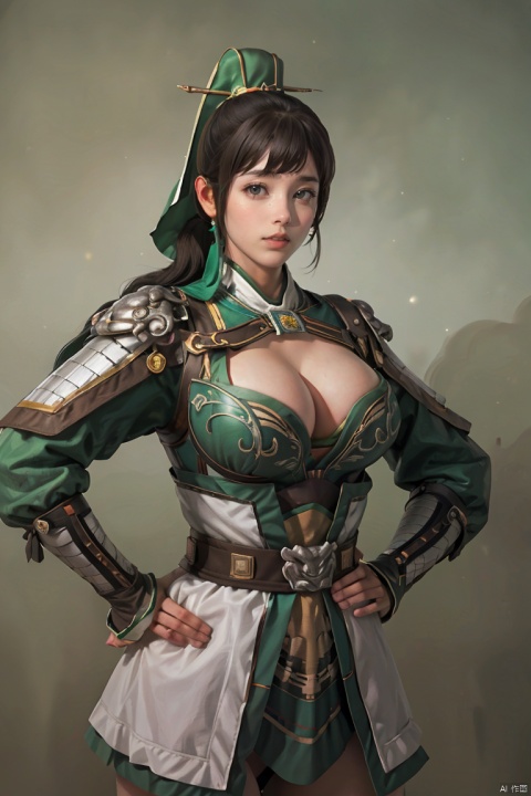 SGZ2, 1girl, solo focus, solo, sexy armor ,hands on hips, looking at viewer, big breast, long hair, bangs, ponytail, green background, Bao Sanniang