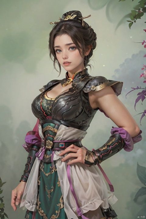  SGZ2, 1girl, solo focus, solo, sexy armor ,hands on hips, looking at viewer, big breast, short hair, low twintails, green background, Bao Sanniang, Lu Lingqi