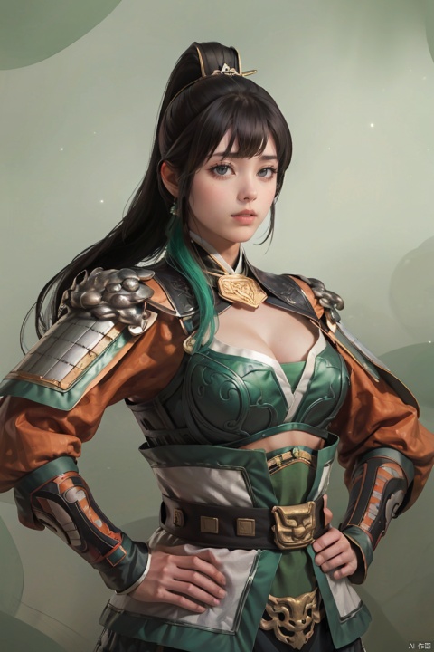 SGZ2, 1girl, solo focus, solo, sexy armor ,hands on hips, looking at viewer,long hair, bangs, ponytail, green background