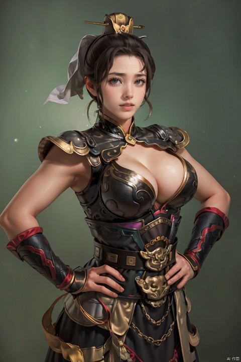 SGZ2, 1girl, solo focus, solo, sexy armor ,hands on hips, looking at viewer, big breast, short hair, low twintails, green background, Bao Sanniang, Lu Lingqi