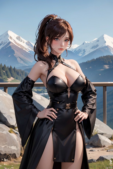  SGZ2, 1girl, solo focus, solo, sexy shirt, black
 dress, bare shoulder, hands on hips, looking at viewer, big breast, long hair, ponytails, Mountain background,