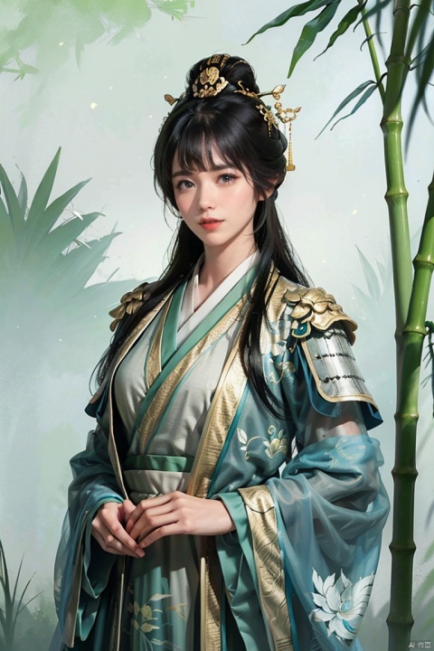 1girls, black suit, black bodysuit, black armor, long hair, blue eyes, bangs, long legs, looking at viewer ,hero's armour, solo focus, curvy women, sparkling eyes, (Detailed eyes:1.2), Oily skin, bamboo shadows, Dramatic Shadows. (Chinese painting illustration) , green tones, warm yellow sunlight, high contrast,Ink scattering_Chinese style
